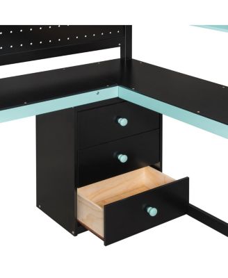 Full Size Wooden Gaming Loft Bed with Storage Stairs, Desk, Shelves & Pegboard, Black+Blue