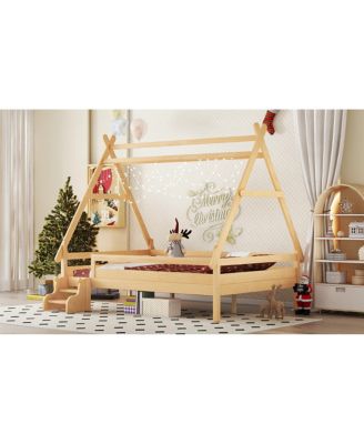 Full House Platform Bed with Stairs, Solid Wood Twin Bed Frame