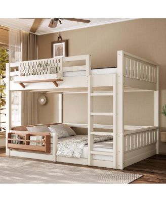 Queen Bunk Bed with Ladder, Guardrails, Pegboard & Bookshelf, Beige