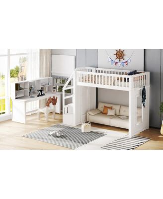 Twin Loft Bed with Desk, Storage Shelf & Stairs