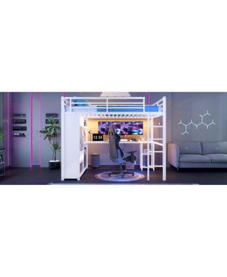 Queen Size Loft Bed Frame with Wardrobe, Desk & Shelves
