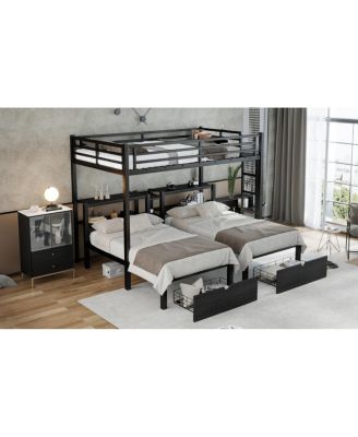 Over Twin & Twin Triple Bunk Bed with Drawers & USB