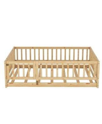 Full Size Montessori Floor Bed with Fence and Door, Oak