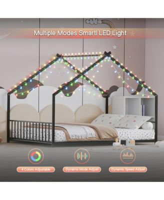 Children's Full Size Bed Frame with LED Lights, Roof-Shaped Iron, Black