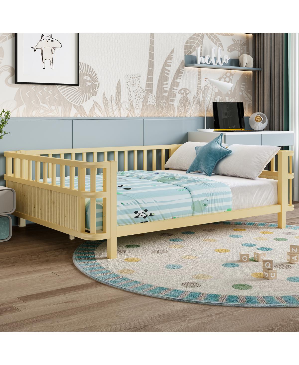 Streamdale Furniture Children's double wooden platform bed with railings, suitable for girls and boys