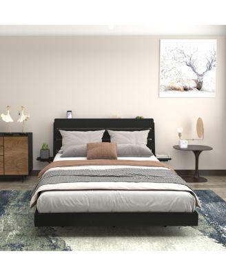 Queen Floating Bed Frame with LED Lights & Charging Station