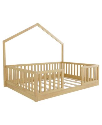 Full Floor Bed with High Rails, Wooden Montessori Bed with Light for Kids