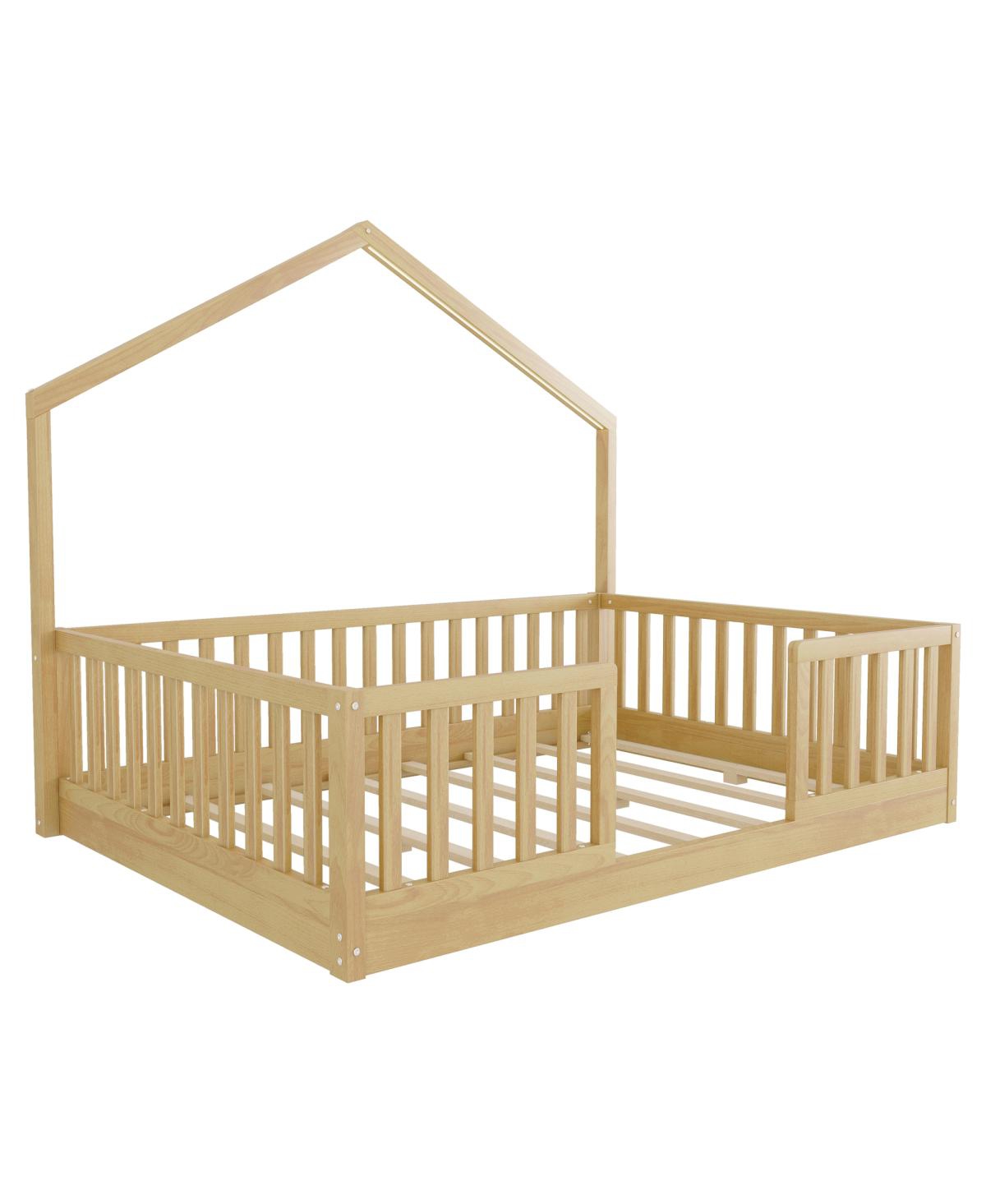 Streamdale Furniture Full Floor Bed with High Rails, Wooden Montessori Bed with Light for Kids