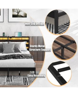Full Size Metal Platform Bed Frame w/ USB, LED Lights, No Box Spring