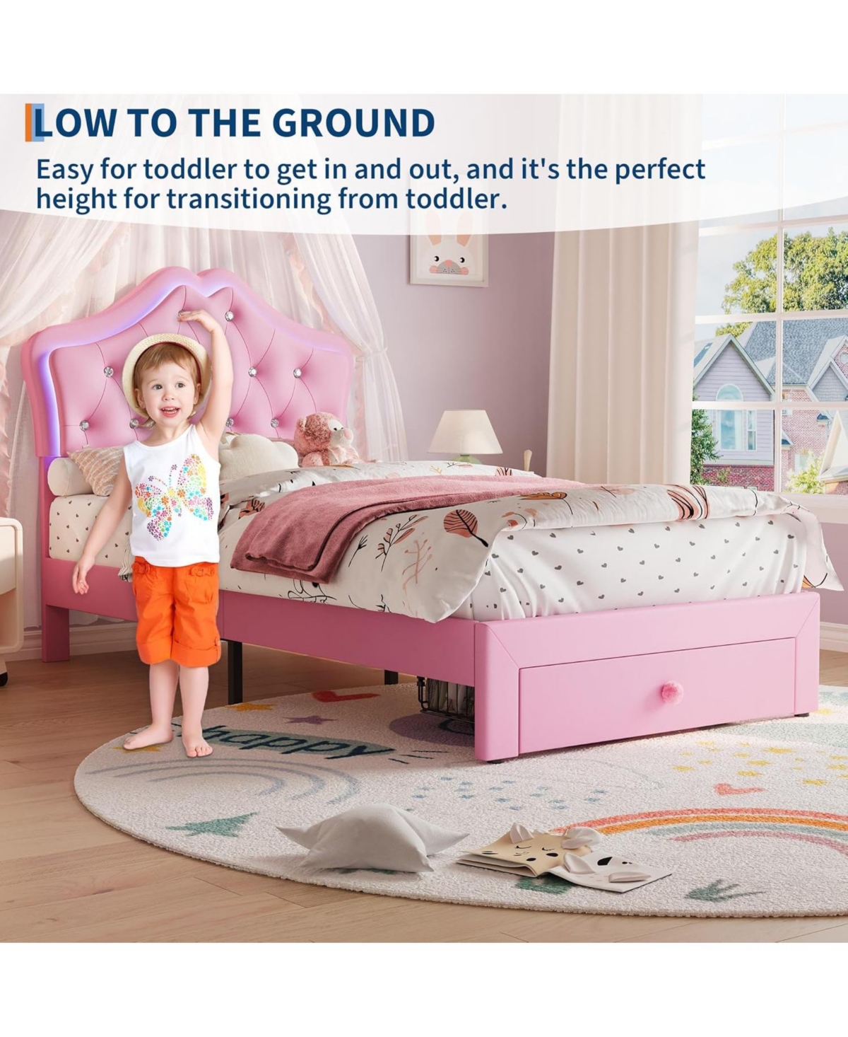Gaomon Twin Upholstered Bed Frame with Led Headboard Lights & Storage Drawer, Noise Free, Platform for Kids and Teens