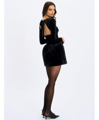 Women's Catrina Black Velvet Square Neck Bow-Tie Mini Dress