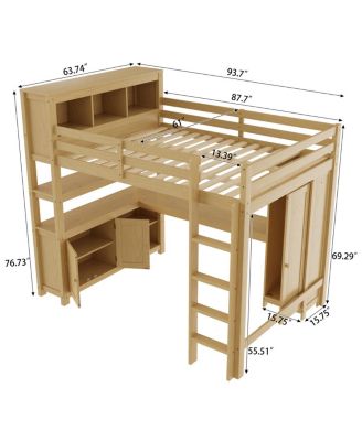  Wood Loft Bed with Cabinet, Bookshelf, Wardrobe & Desk, Queen Size