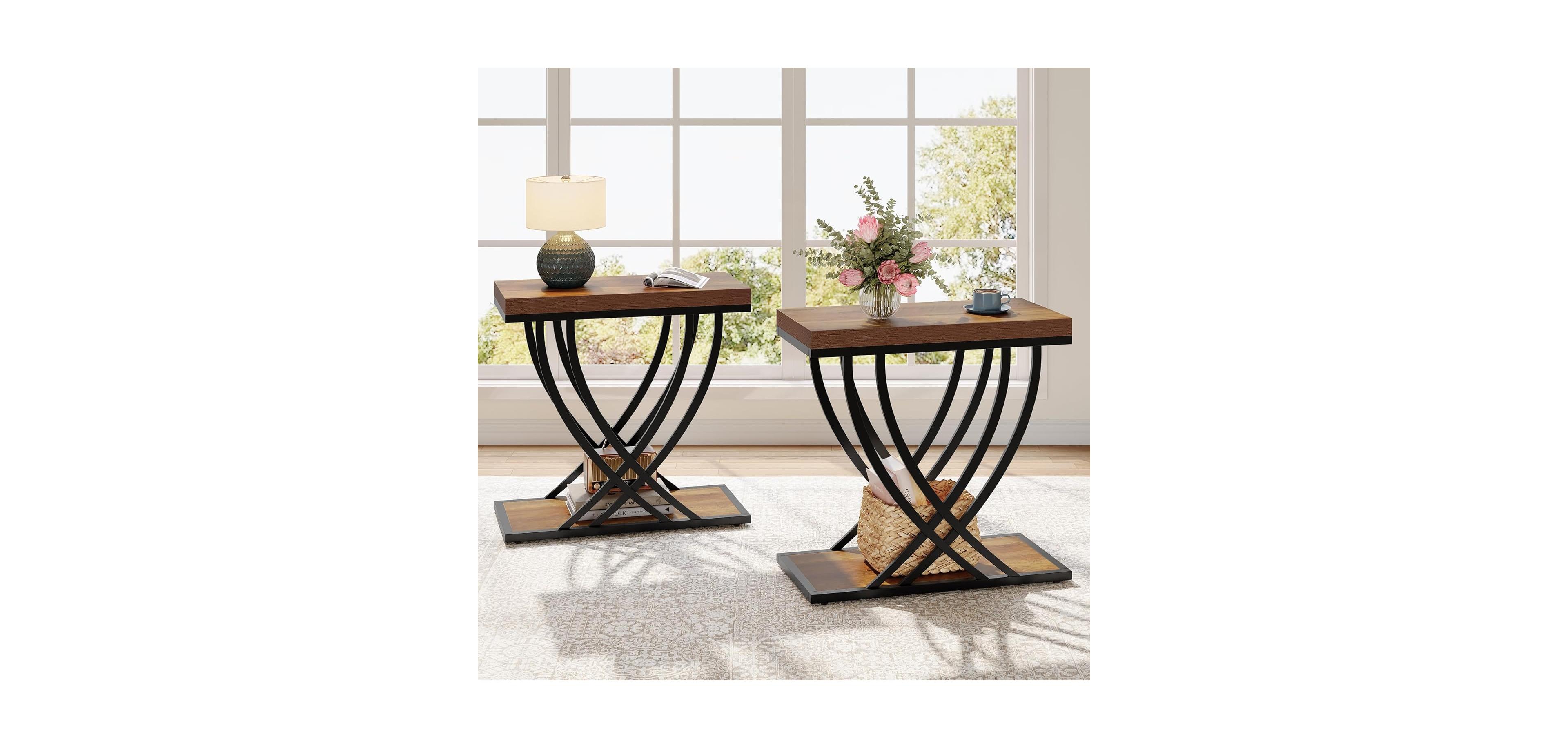 Tribesigns Side Table Set of 2, 2-Tier Narrow End Table for Living Room, Industrial Nightstand with Metal Frame, Small Bedside Tables