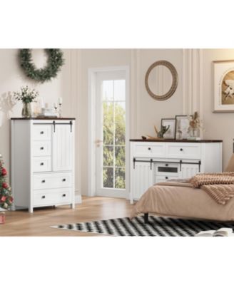 Farmhouse 5 Drawer Dresser for Bedroom, 48" Tall Wood Dresser Chest of Drawer with Sliding Barn Door, Adjustable Shelf, Storage Organizer
