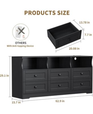 6 Drawer Dresser for Bedroom with Power Outlets & LED Light, Slim Wooden Chest of Drawers with Open Shelf