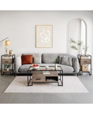 Modern Nightstand with Glass Panel, Small Side Table with Open Shelves and Glass Top   3-Tier Storage, for Bedroom & Living Room