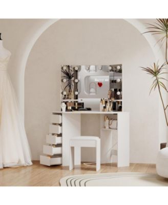 Corner Vanity and Stool, Corner Vanity Desk with Mirror and Lights, Corner Makeup Vanity with Power Outlet, 3 Color