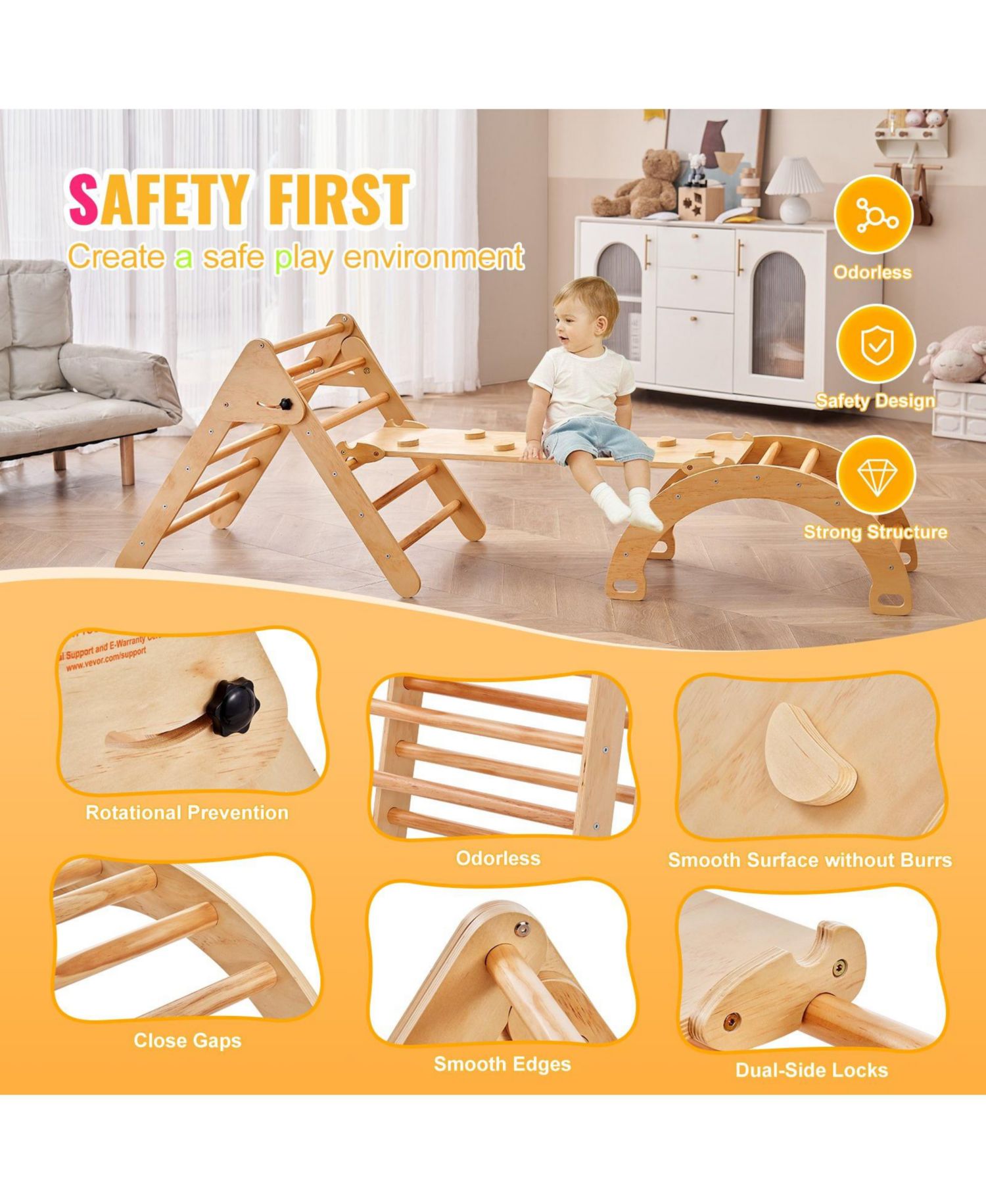 Pikler Triangle 5-in-1 Montessori-Inspired Wooden Climbing Gym, 3-Piece Set