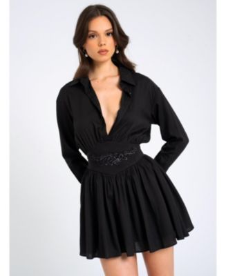 Miss Circle Jamila Black Shirt Mini Dress with Embroidered Waist Detail S