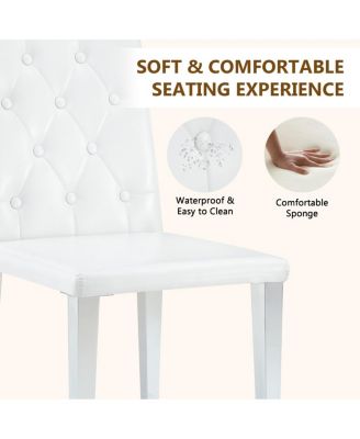 4-pack White PU dining chairs, ergonomic buckle backrest, 35"H, silver legs.