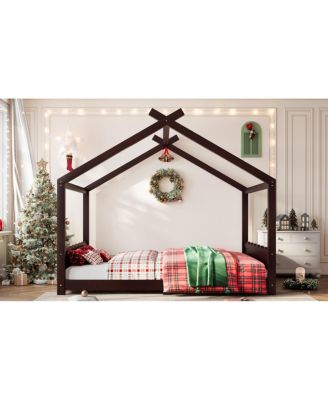Queen House Floor Bed with Slats, Solid Wood House Bed Frame for Kids