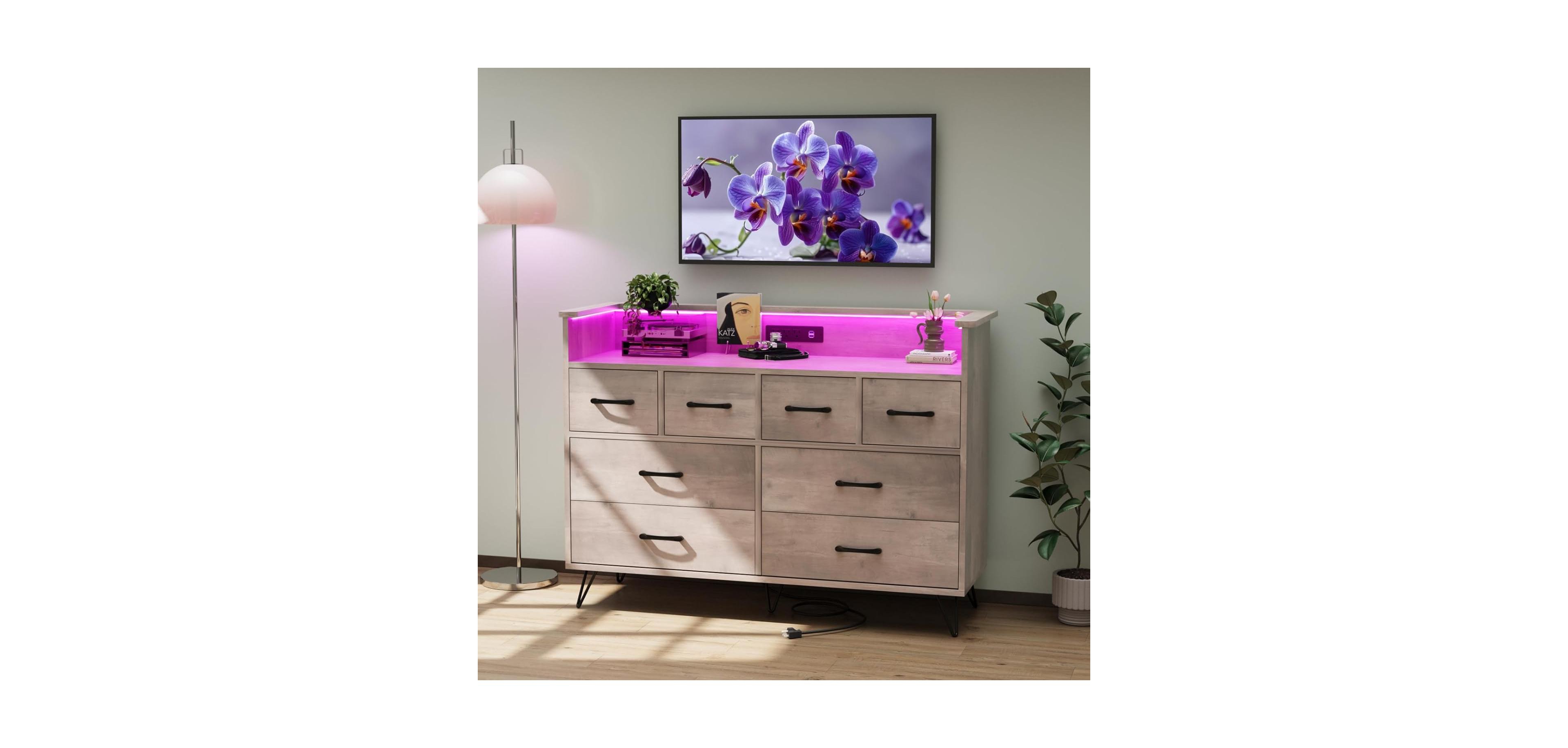 gaomon Modern 8 Drawer Dresser with Led Lights and Charging Station