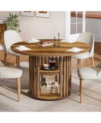 47-Inch Round Dining Table for 4, Farmhouse Kitchen Table with 2-Tier Storage Shelf and Solid Wood Base, Brown