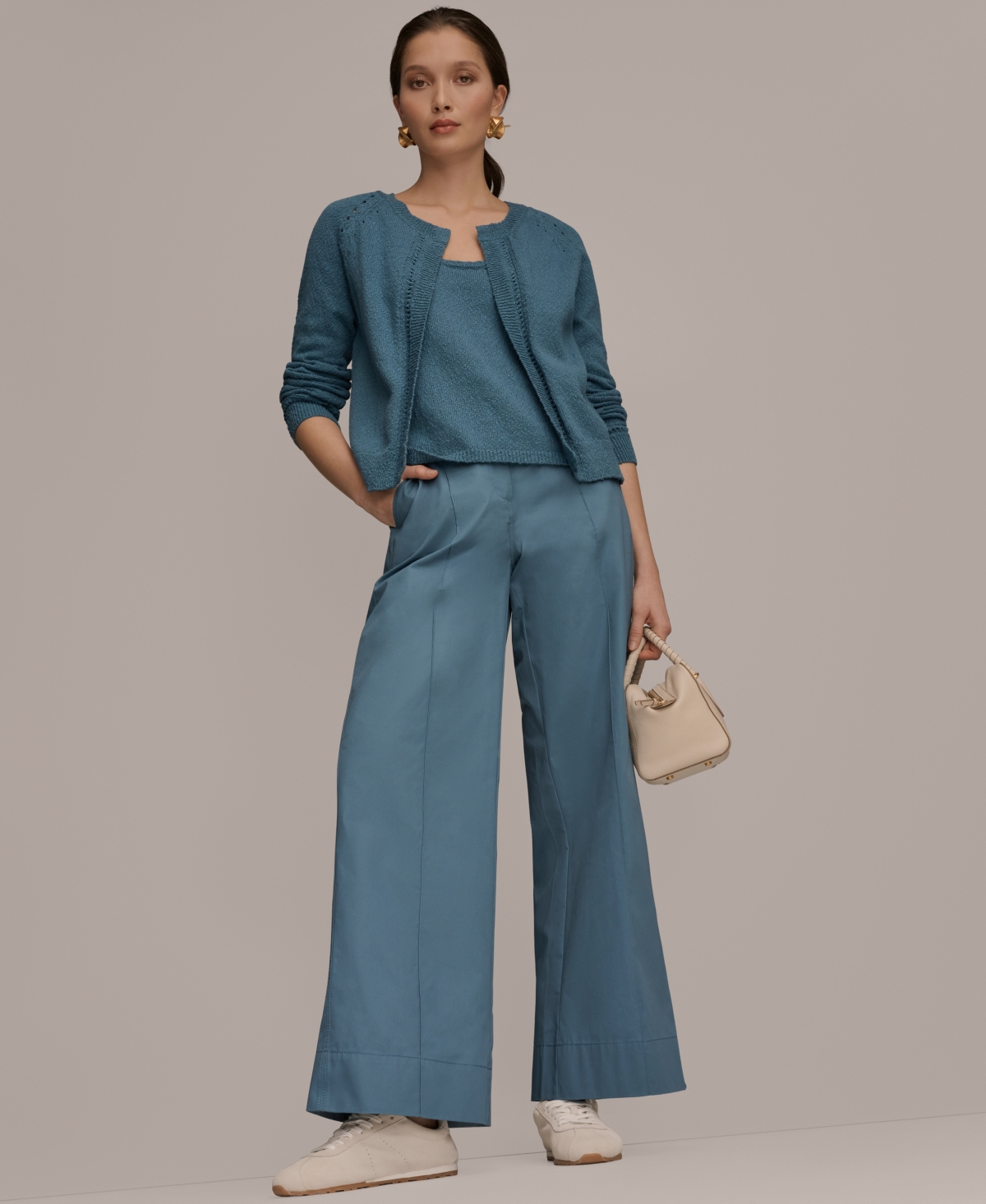 Donna Karan Weekend Women's Pointelle Stitch Detail Open-Front Cardigan