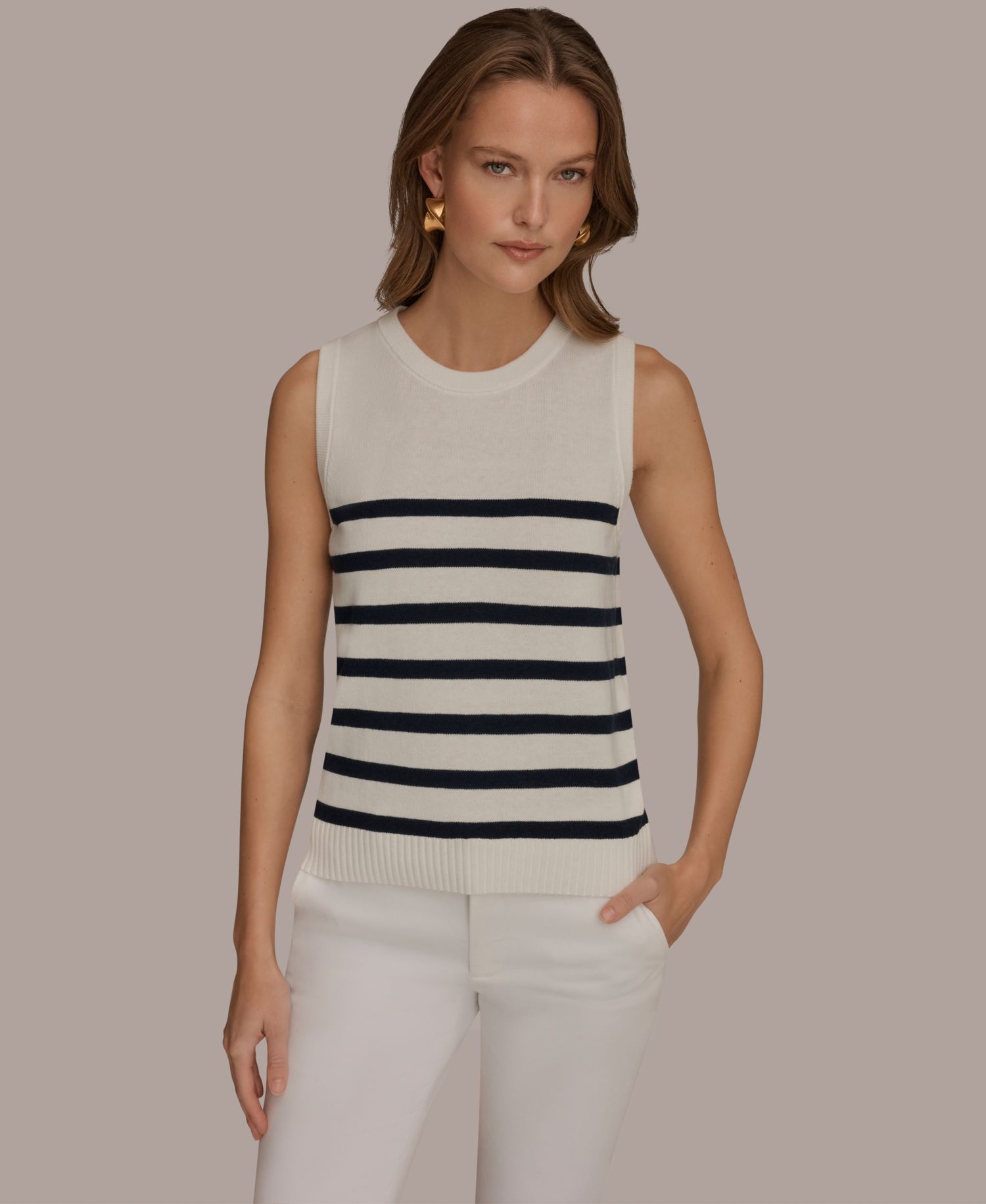 Women's Cotton Cashmere Striped Sleeveless Sweater