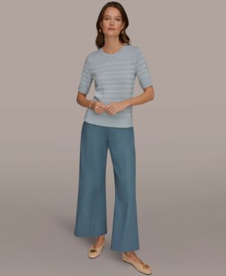 Women's Elbow-Sleeve Crew Neck Striped Sequin Sweater