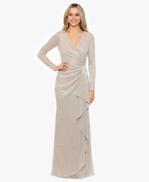 Женские платья Betsy & Adam Metallic Ruffled Gown, цвет: Золотой / Серебряный