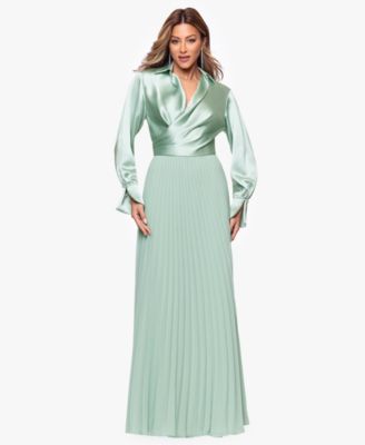 Women's Long Satin Long-Sleeves Collared Ball Gown