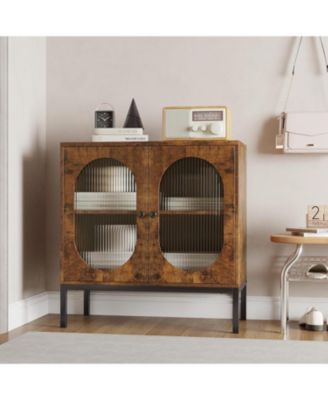 Rattan Buffet Storage Cabinet with Adjustable Shelves Wooden Sideboard Cabinet with 2-Tier Storage
