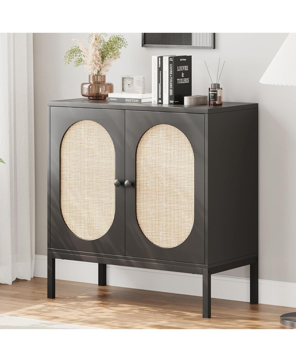 Gaomon Rattan Buffet Storage Cabinet with Adjustable Shelves Wooden Sideboard 2-Tier