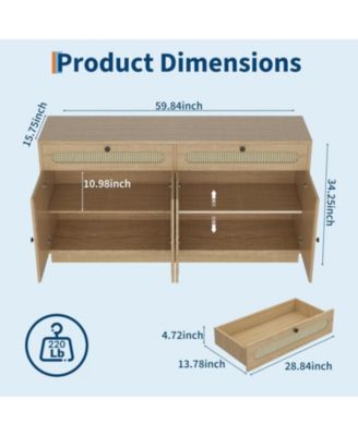 60'' Rattan Sideboard, Sideboard Cabinet with Adjustable Shelves, Buffet Cabinet with 2 Drawers and 4 Rattan Doors for Dining Room