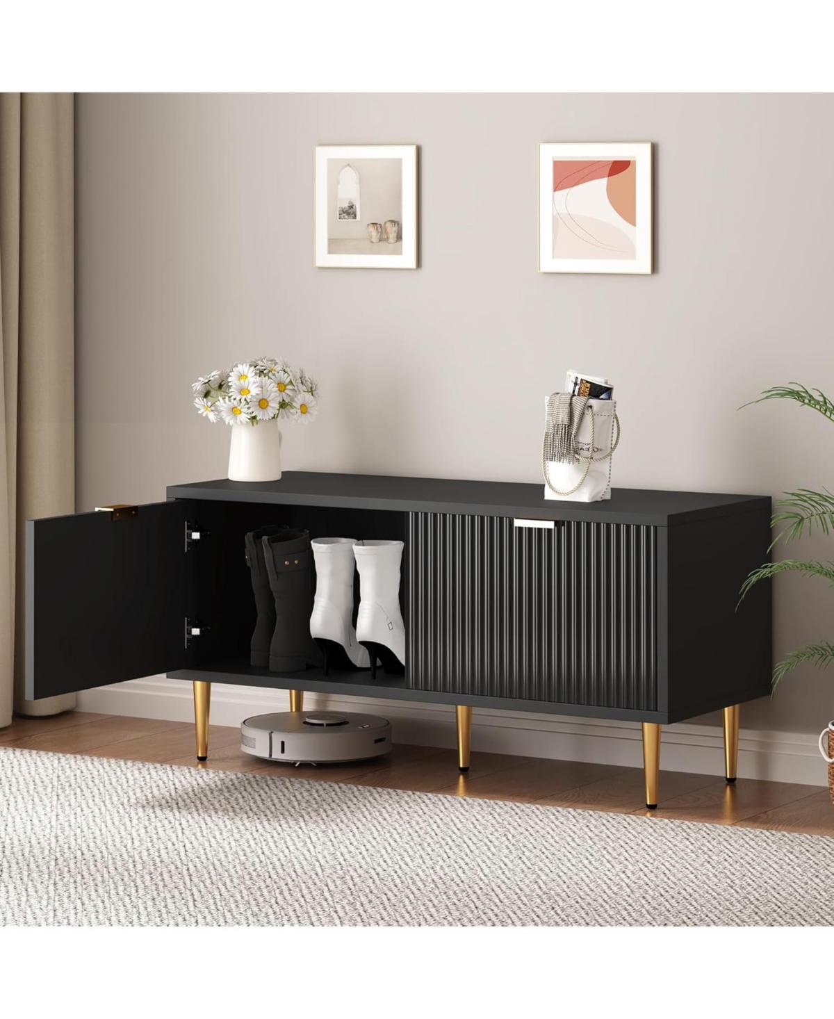 gaomon Shoe Cabinet, Fluted Entryway Bench with 2 Doors, Storage for Hallway, Living Room