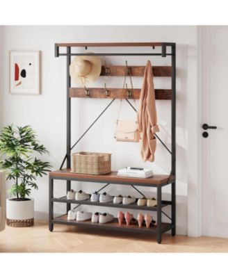 72" Industrial Hall Tree with Shoe Bench & Coat Rack, Entryway Storage Organizer with 8 Hooks, 3-Tier Shelf & Metal Frame