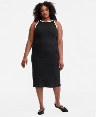 Trendy Plus Size Contrast-Trim High-Neck Sleeveless Midi Dress