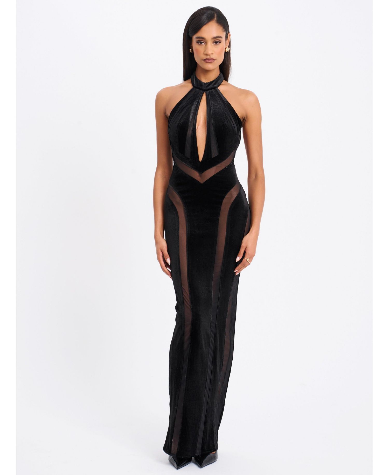 Women's Paityn Black Velvet Mesh Cutout Halter Gown