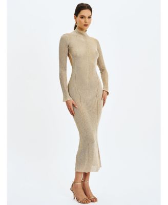 Women's Shay Gold Stretch Knit Backless Long Sleeve Dress