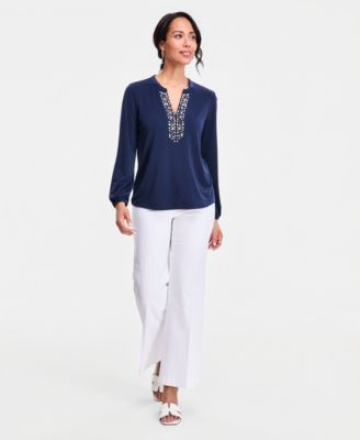 Women's Long-Sleeve Crepe Embellished-Neck Top