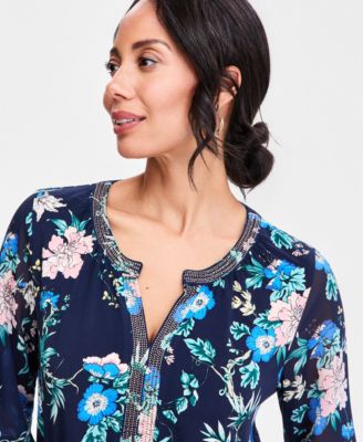 Women's Printed Chiffon-Sleeve Split-Neck Top