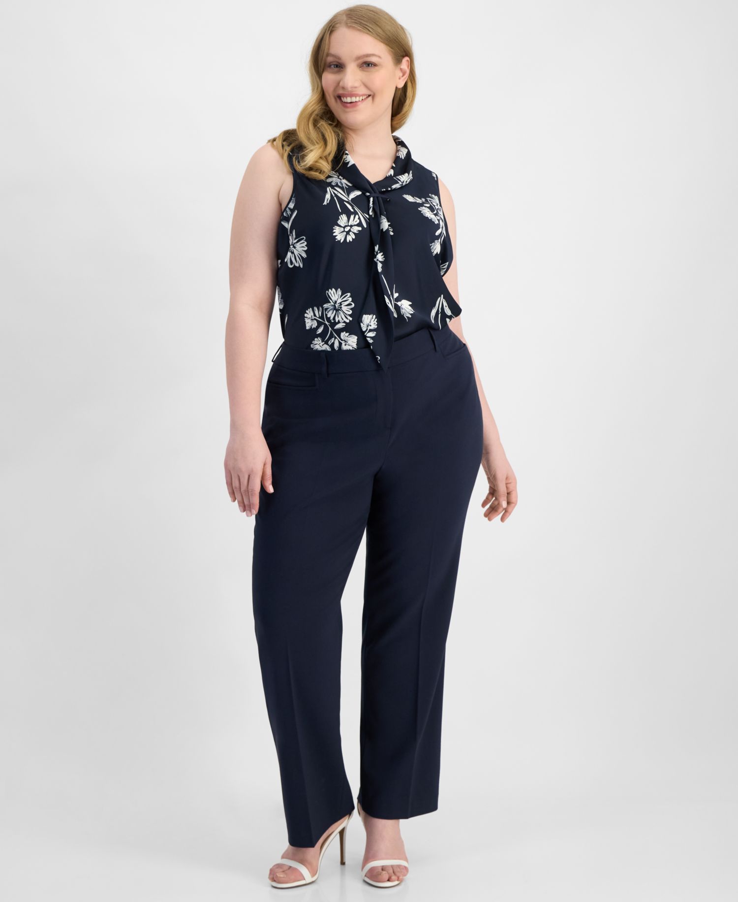 ASL Plus Size Bird Eye Press-Pleat Straight-Leg Pants