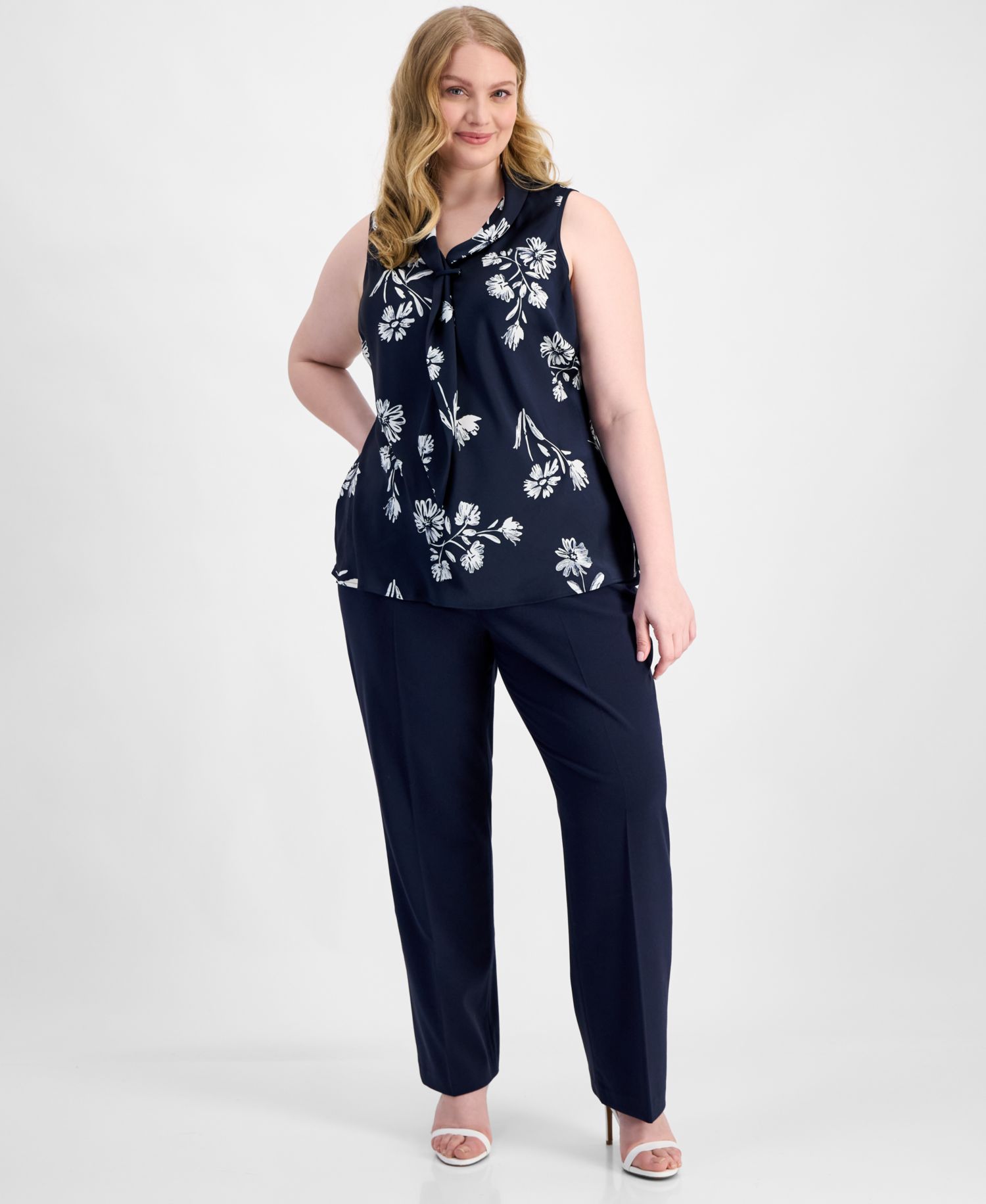 ASL Plus Size Sleeveless Sailor Tie-Neck Top