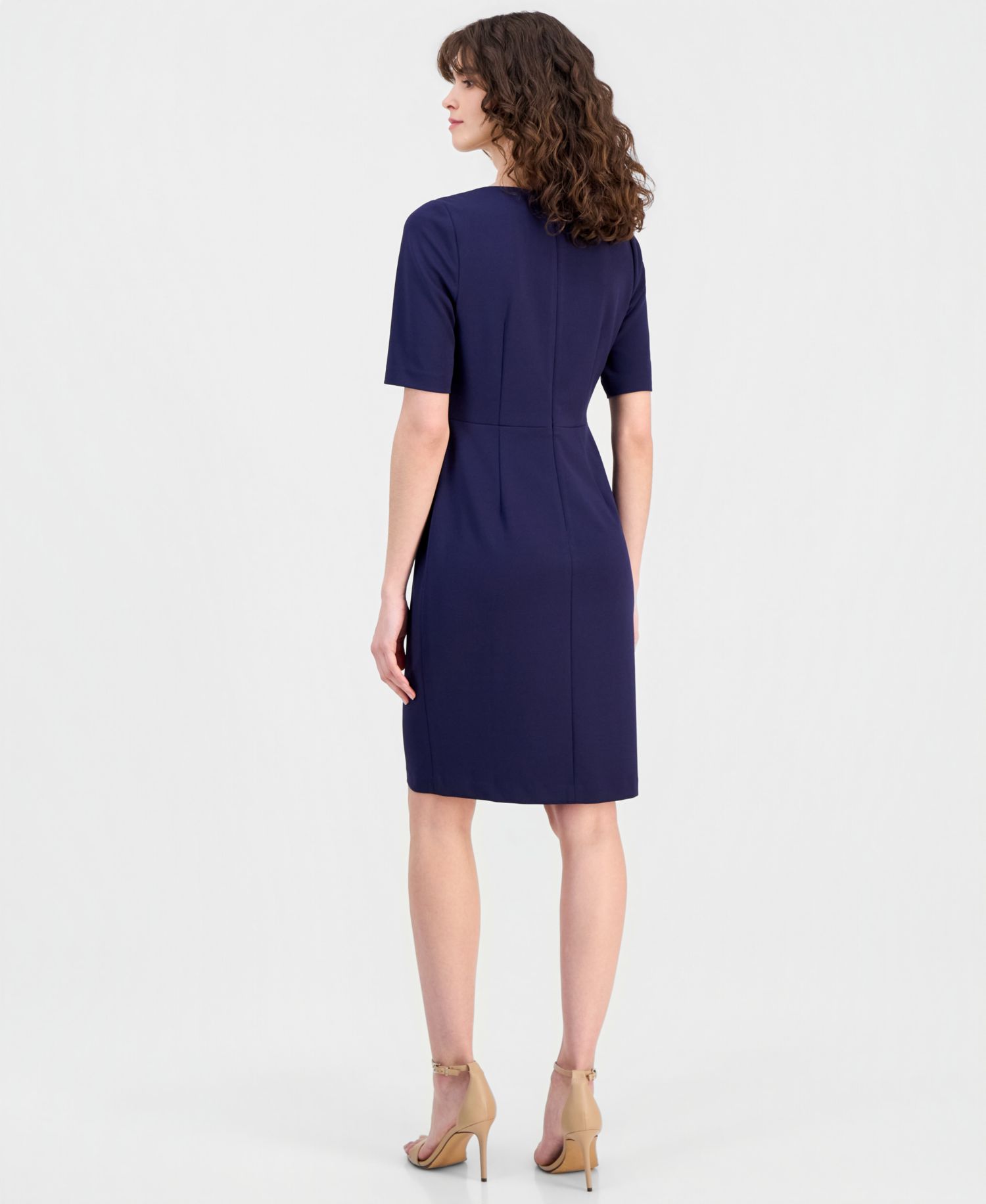 Women's Asymmetric-Neck Elbow-Sleeve Dress