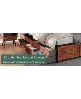 King Bed Frame with Storage Headboard & 12 Drawers, LED Lights, Metal Platform