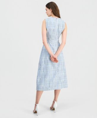 Women's Tweed Belted Sleeveless Midi Dress