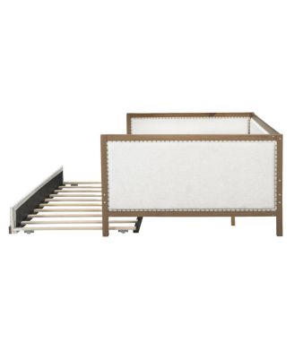  Full Size Upholstered Daybed with Trundle and Nailhead Decoration, Wood Color