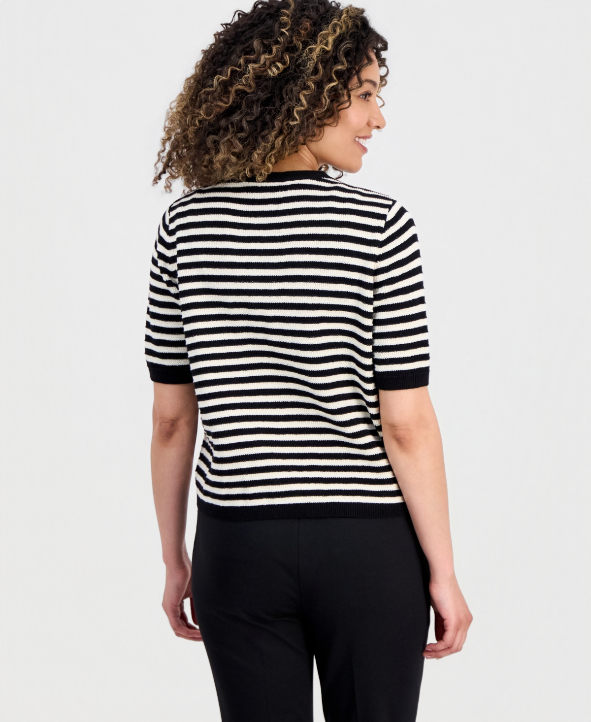 Jones New York Petite Striped Short-Sleeve Cardigan