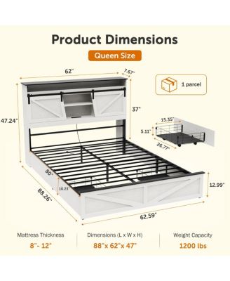  Farmhouse Queen Bed Frame w/Storage Headboard, Drawers, Charging & LED Lights, White